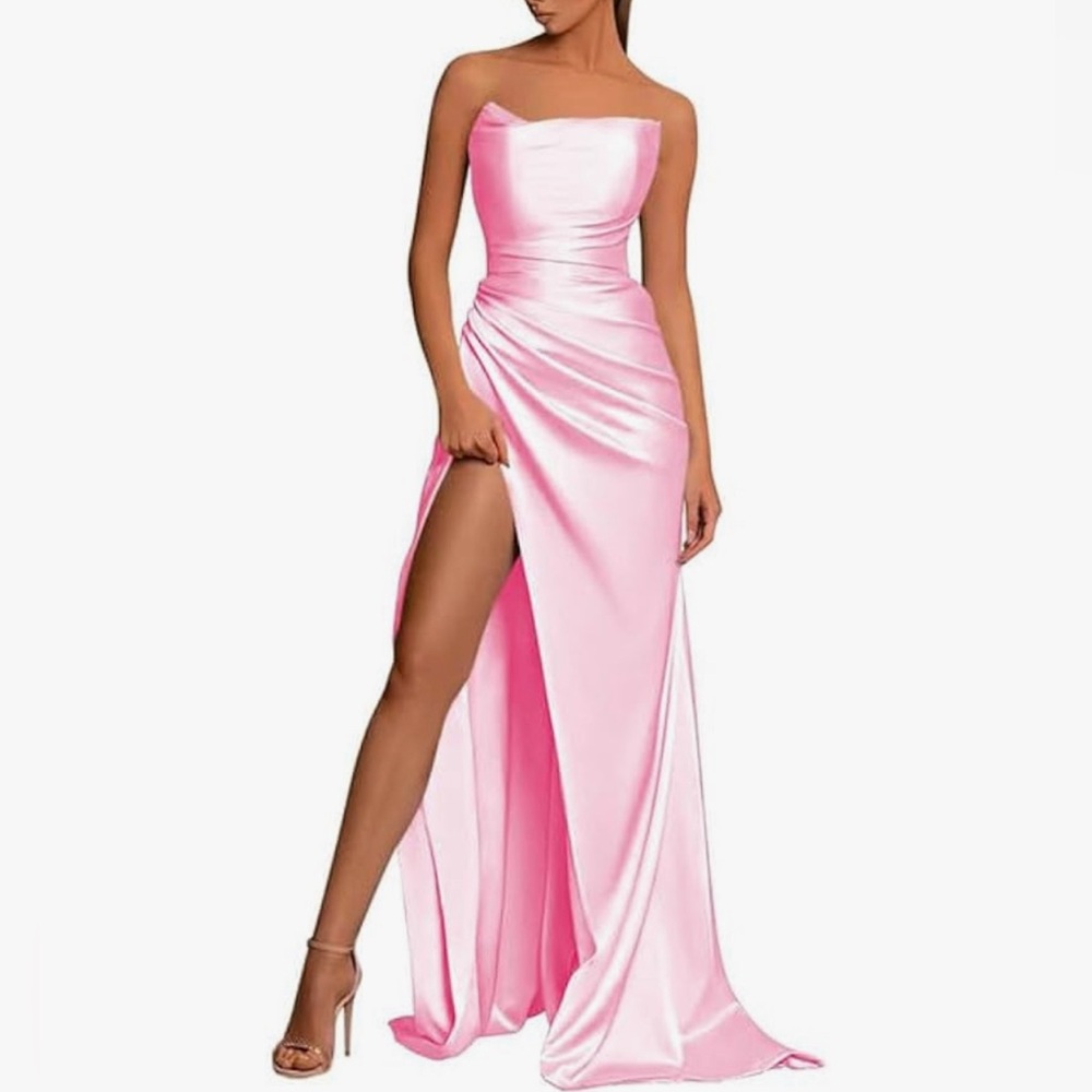 Elegant Pink Satin Strapless Evening Gown